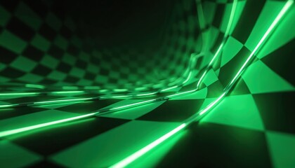 Abstract green checkered pattern with dynamic neon lines creating sense of speed and motion. This vibrant illustration evokes energy and achievement, perfect for racing themes and sports backgrounds.