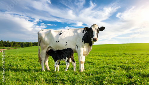 Cow nursing calf with green pasture.
