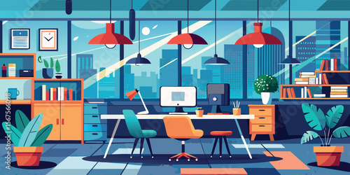 Bright and modern office space featuring vibrant furniture and large windows with a city skyline view
