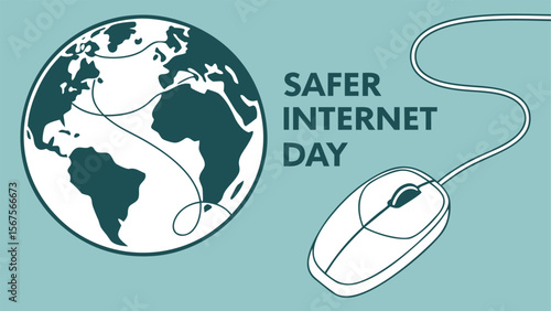 Safer Internet Day: Global Connectivity, Online Security, and Digital Responsibility Illustrated with a Computer Mouse and World Map in a Minimalist, Modern, and Informative Design.