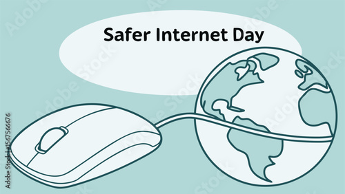 Safer Internet Day:  A computer mouse connected to a stylized Earth globe, illustrating online safety, global connectivity, and responsible digital citizenship in a minimalist, calming teal design.
