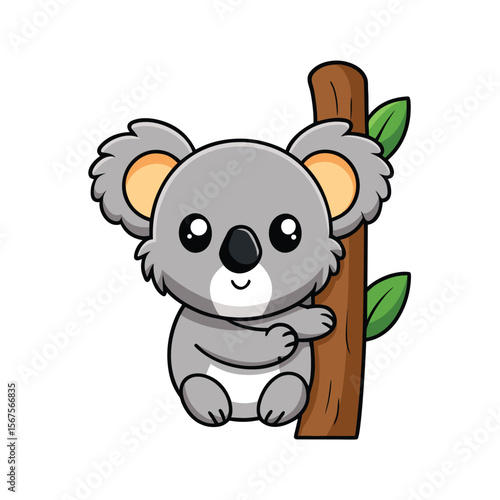 Chibi Style Koala Peeking From Behind a Tree Trunk