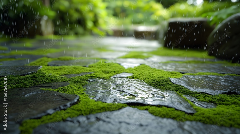 Fototapeta premium The deep green moss on the courtyard slate
