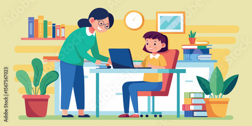 Mother helps daughter with homework at a cozy home study space during afternoon