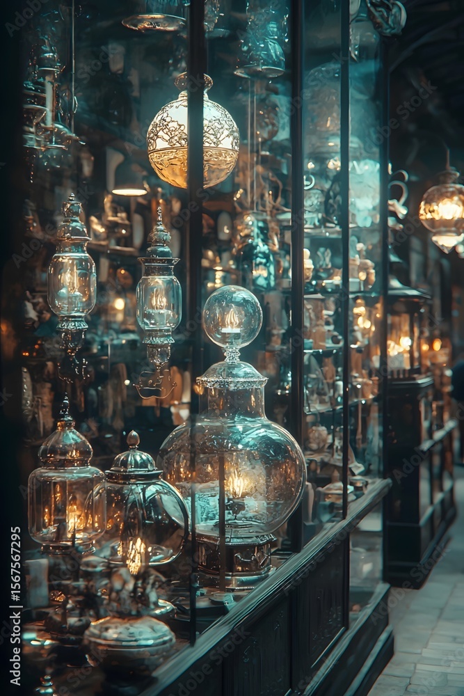 Fototapeta premium Antique shop owner's precious display under soft light