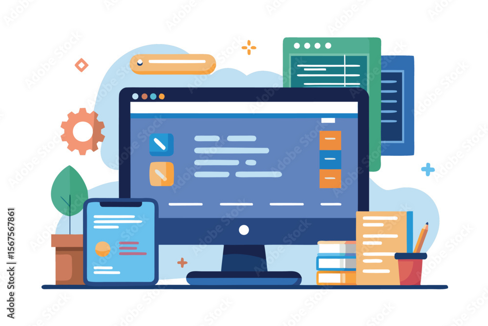 Digital workspace with computer, code editor, and office supplies in a modern design with vibrant colors Digital workspace with computer, code editor, and office supplies in a modern design with vibrant colors