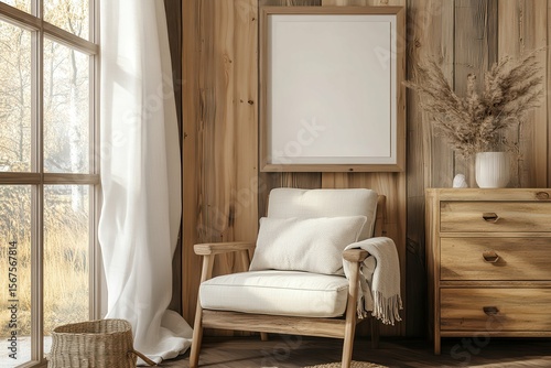 high resolution image of Wooden guest room interior with armchair and drawer near window mockup poster high detail