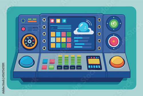 Control panel design featuring colorful buttons and touchscreen interface for a futuristic application