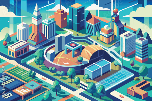 Modern cityscape featuring vibrant architecture and a sports stadium surrounded by green spaces during daytime