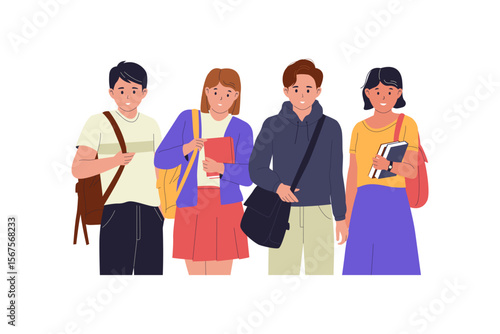 Flat Vector Illustration of College Students Standing with Bags and Books. Illustrations for websites, landing pages, mobile apps, posters and banners