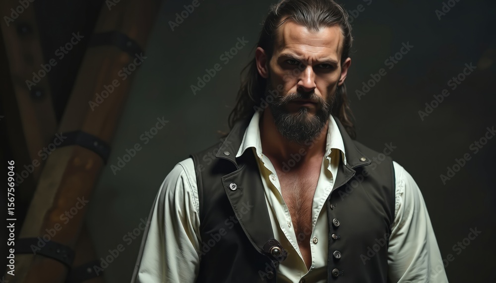 Muscular pirate with long hair and beard stands in dimly lit setting. Rugged attire, intense expression, strong stance. Dramatic, mysterious atmosphere, suitable for adventure themes. Muscular pirate with long hair and beard stands in dimly lit setting. Rugged attire, intense expression, strong stance. Dramatic, mysterious atmosphere, suitable for adventure themes.