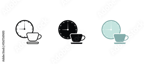 Break time or coffee time Vector icon set. Simple filled line drawings collection. Clock face, Isolated vector illustrations.