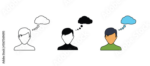 Vector illustration emoji character male with a thinking expression and a thought cloud. Man thinking gyph emoji.