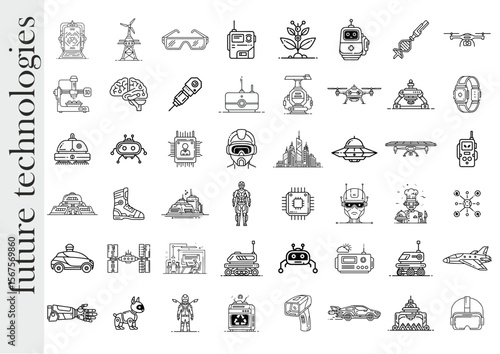Futuristic technology illustrations featuring robots, gadgets, and innovations in black and white