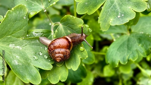 The snail is beautiful on green leaves.