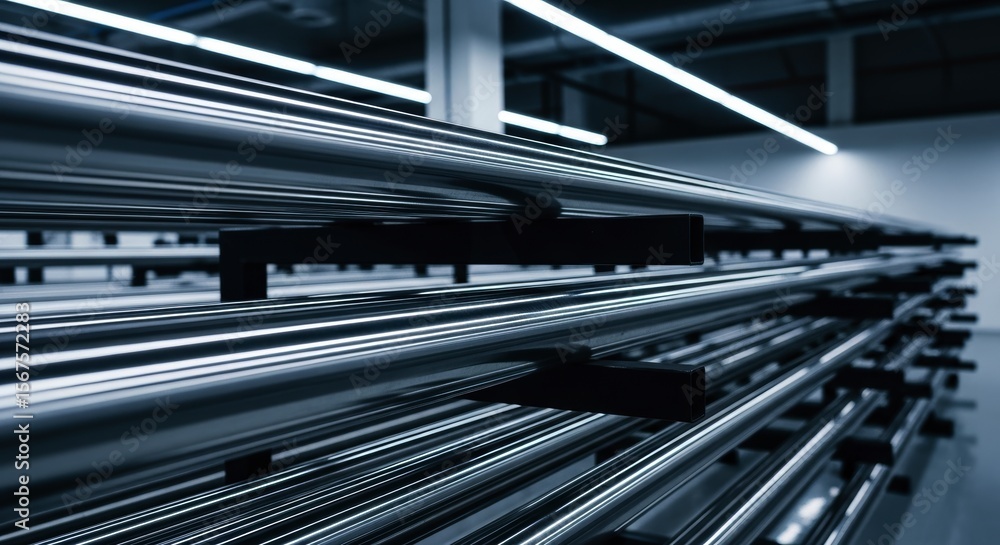 Obraz premium Shiny metal pipes stacked in a modern industrial factory setting