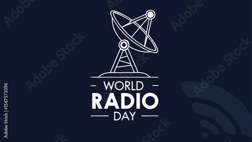 World Radio Day: Minimalist Line Art Satellite Dish Graphic, Dark Blue Background, Modern Design, Celebratory, Communication Technology, Broadcast, Global Connectivity,  Wireless Signal.