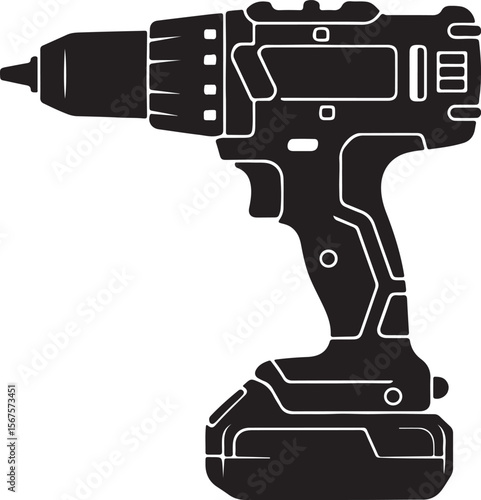 Vector illustration of a powerful electric drill, guitar, and industrial scientific tools