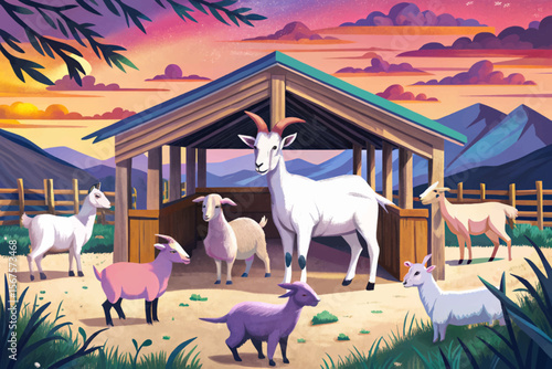 Goat Farm with Wooden Shelter and Grazing Animals cartoon vector Peaceful Pasture Background