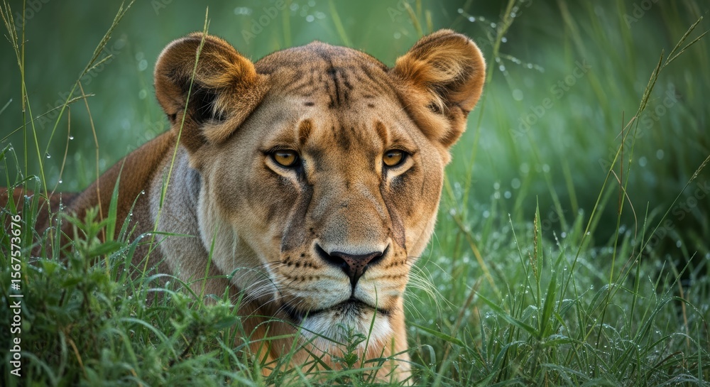 Obraz premium Powerful lioness with piercing amber eyes peeking through lush green grass