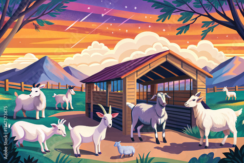 Goat Farm with Wooden Shelter and Grazing Animals cartoon vector Peaceful Pasture Background