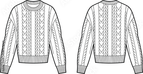 Classic Cable Knit Sweater Flat Lay Vector Template for Fashion Apparel Design, Cozy Winter Wear, and E-commerce Product Mockups, Front and Back