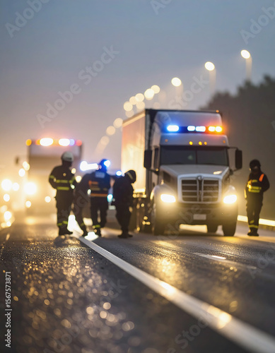 Emergency responders at an accident site. A compelling photograph captures a tense scene with a truck on a highway at night, emergency lights blazing.