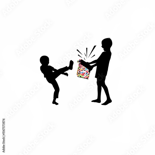 Silhouette of a child excitedly opening present on white background
