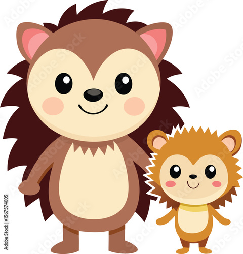 Happy Hedgehog and Baby Hedgehog Holding Hands