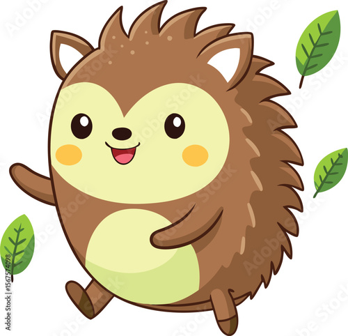 Happy Hedgehog Running With a Tiny Leaf on Its Head