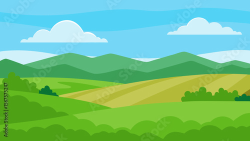 Cartoon illustration of a summer mountain landscape with green trees, hills, and a blue sky with clouds