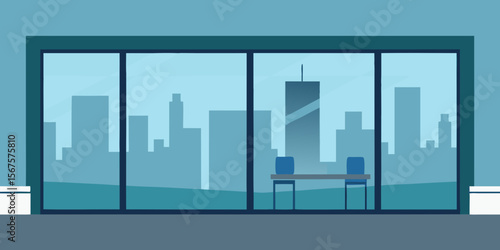 Modern office buildings dominate the city skyline, their sleek architecture reaching for the blue sky