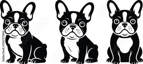 Cute french bulldog puppy face sitting silhouette vector illustration collection
