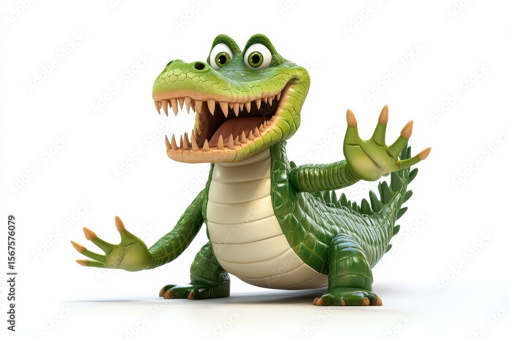 Fototapeta premium Crocodile tail-slapping 3d cartoon character on white background