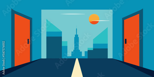 City road winds through an urban skyline with towering business buildings and illuminated skyscrapers at night, illustrating modern architectural design and city life