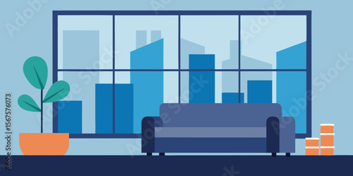 Modern interior design with sleek furniture in a bright office living room featuring a city view from the window