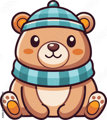 Kawaii Bear Wearing Hat and Scarf Sitting
