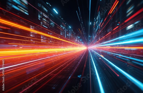 Abstract background with light trails in red and blue tones, suggesting fast motion and futuristic technology. The tunnel effect draws the viewer into a digital space of data flow and energy transfer.