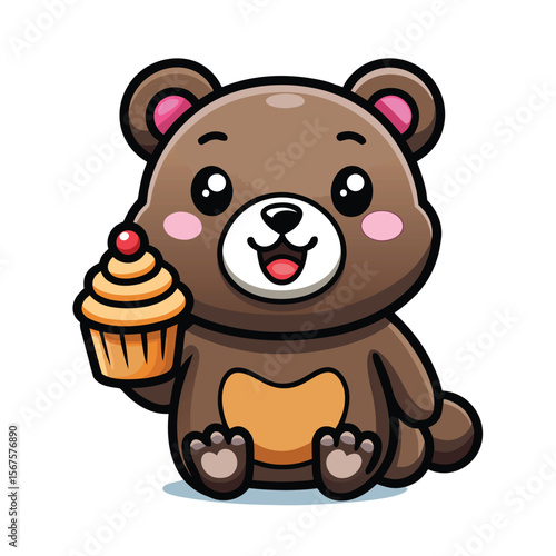 Kawaii Bear Holding Cupcake Smiling Expression