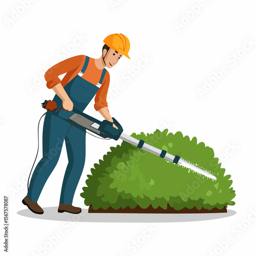 Man trims shrub with electric hedge trimmer
