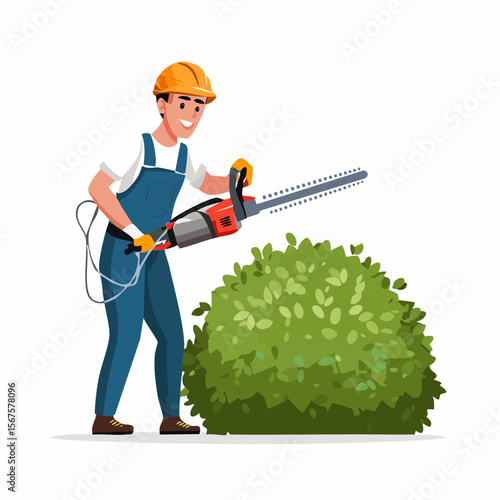 Man trims shrub with electric hedge trimmer
