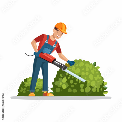 Man trims shrub with electric hedge trimmer