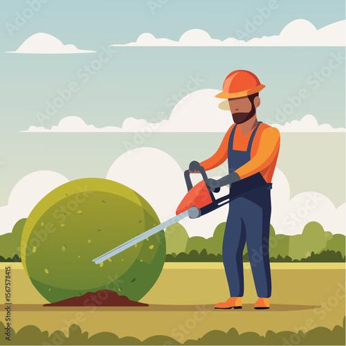 Man trims shrub with electric hedge trimmer