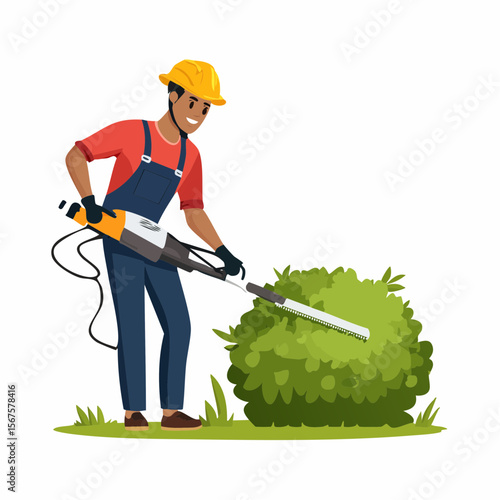Man trims shrub with electric hedge trimmer