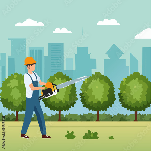 Man trims shrub with electric hedge trimmer