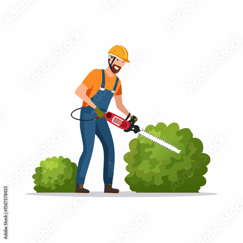 Man trims shrub with electric hedge trimmer
