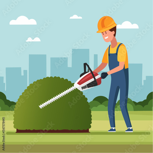Man trims shrub with electric hedge trimmer