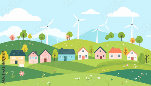 Charming Village on Green Hills with Wind Turbines