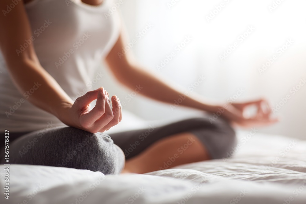 Obraz premium Close up of a woman hands in a lotus pose meditating on a bed at home