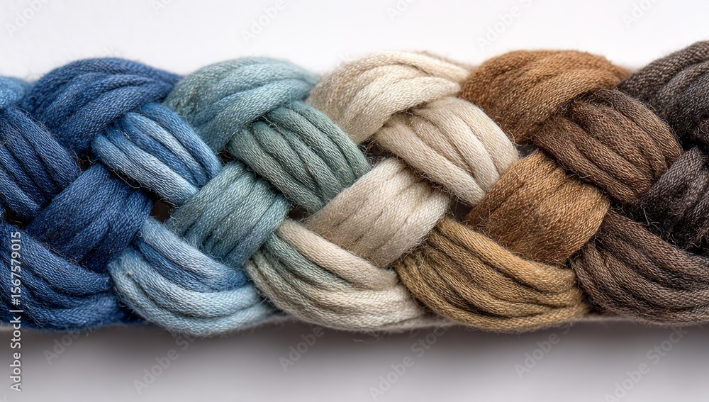 A braid of fabric in various colors, arranged side by side on a white background. A braid of fabric in various colors, arranged side by side on a white background.